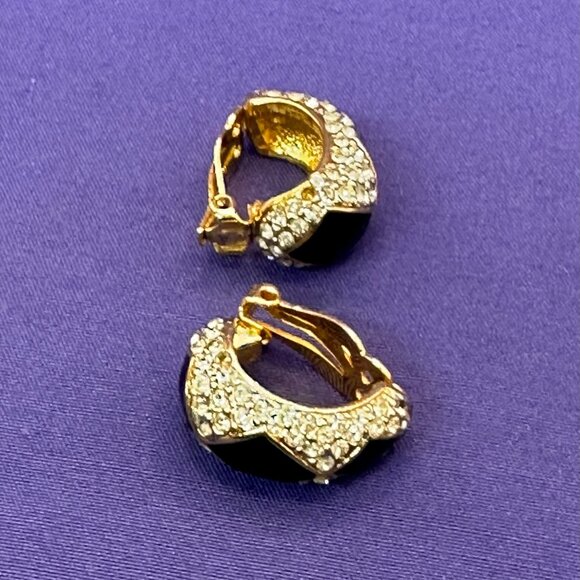 VTG Kenneth Lane Gold-Tone, Black Enamel & Clear Crystal Clip Earrings - Picture 9 of 16